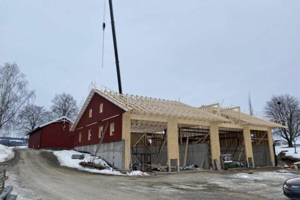 Byggefase på landbruksbygg i Innlandet, trehus under konstruksjon, landbruksbygg, landbruk, skogbruk, landbruksbygg Innlandet, trekonstruksjon, landbruksutbygging, bygging av landbruksbygninger, landbruksanlegg.